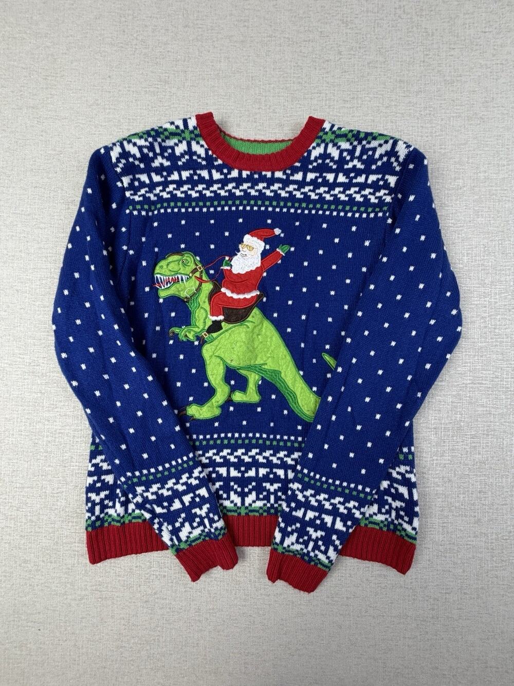 Blizzard Bay Adult Large Santa T-Rex Dinosaur Ugly Christmas Sweater Blue